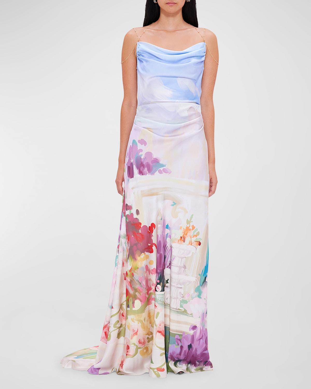 LEO LIN Imogen Draped Floral-Print Gown in White | Lyst