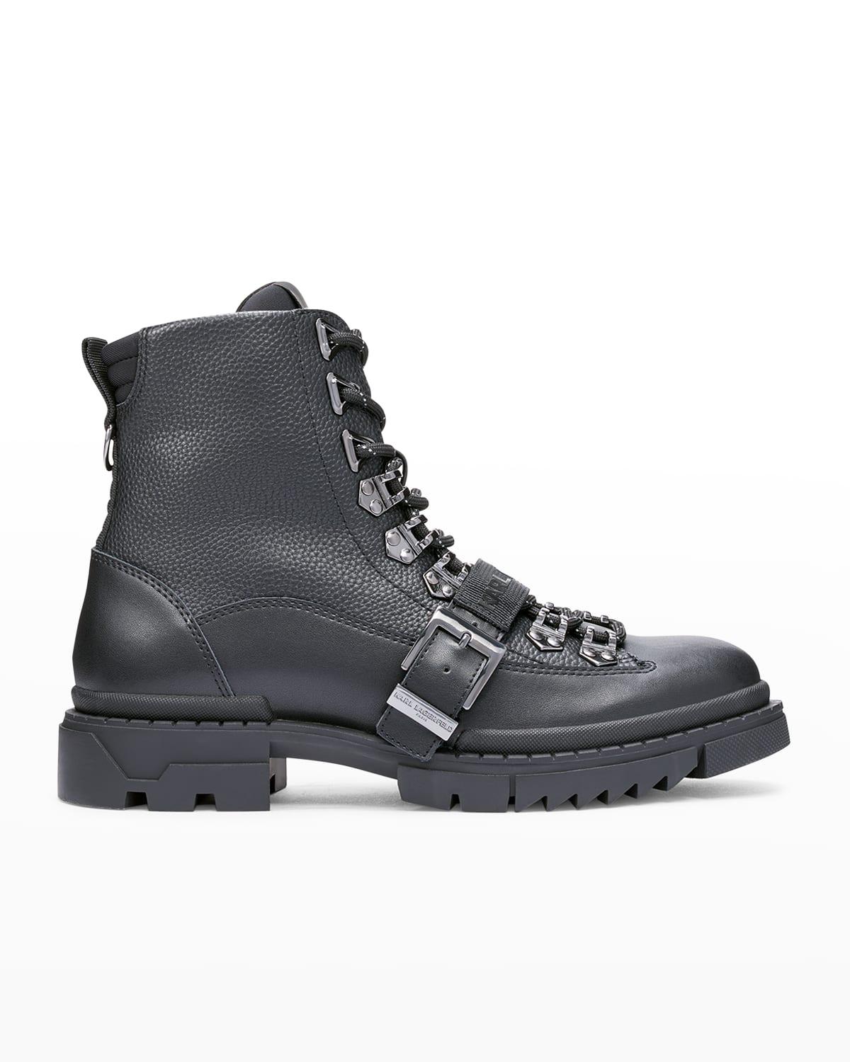 Karl Lagerfeld Buckle Leather Lug-sole Combat Boots in Black for Men | Lyst