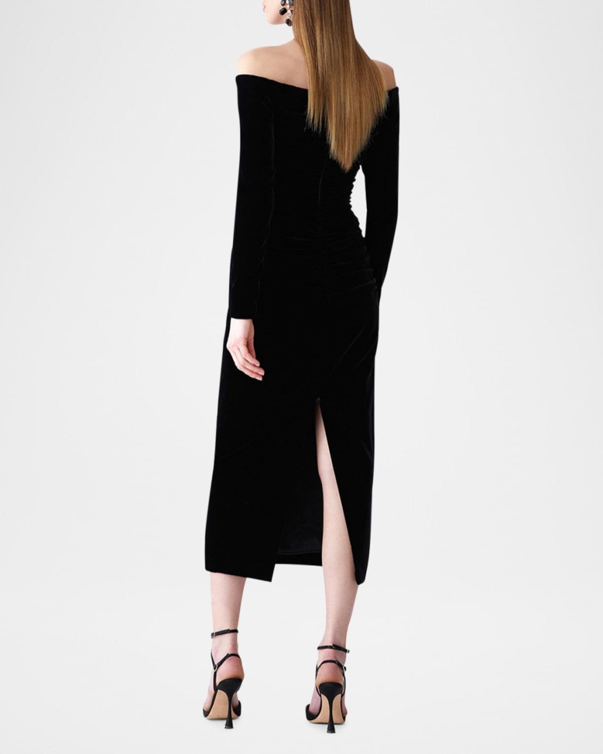 carolina herrera ruched off the shoulder midi dress Carolina Herrera Ruched Plunging Off-Shoulder Velvet Midi Dress, Black, Women's, 4, Cocktail & Party Wedding Guest Dresses Off-The-Shoulder Dresses