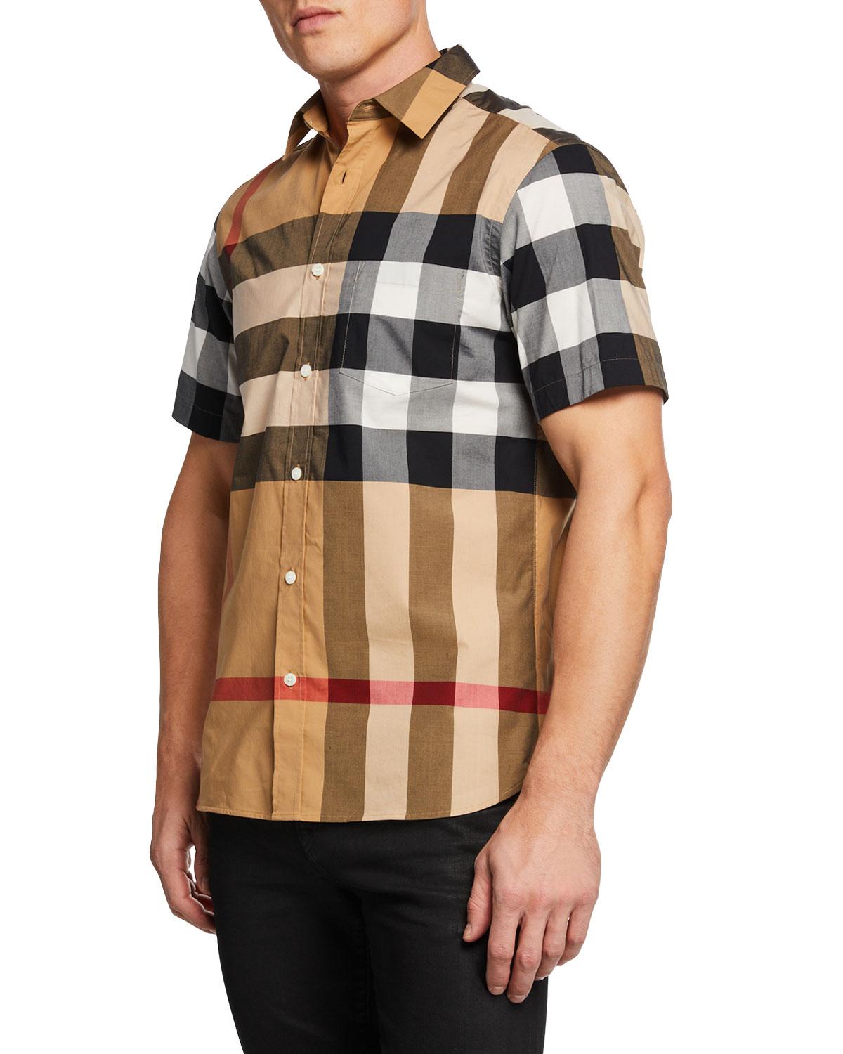 Burberry Short-sleeve Check Stretch Cotton Poplin Shirt in Beige ...