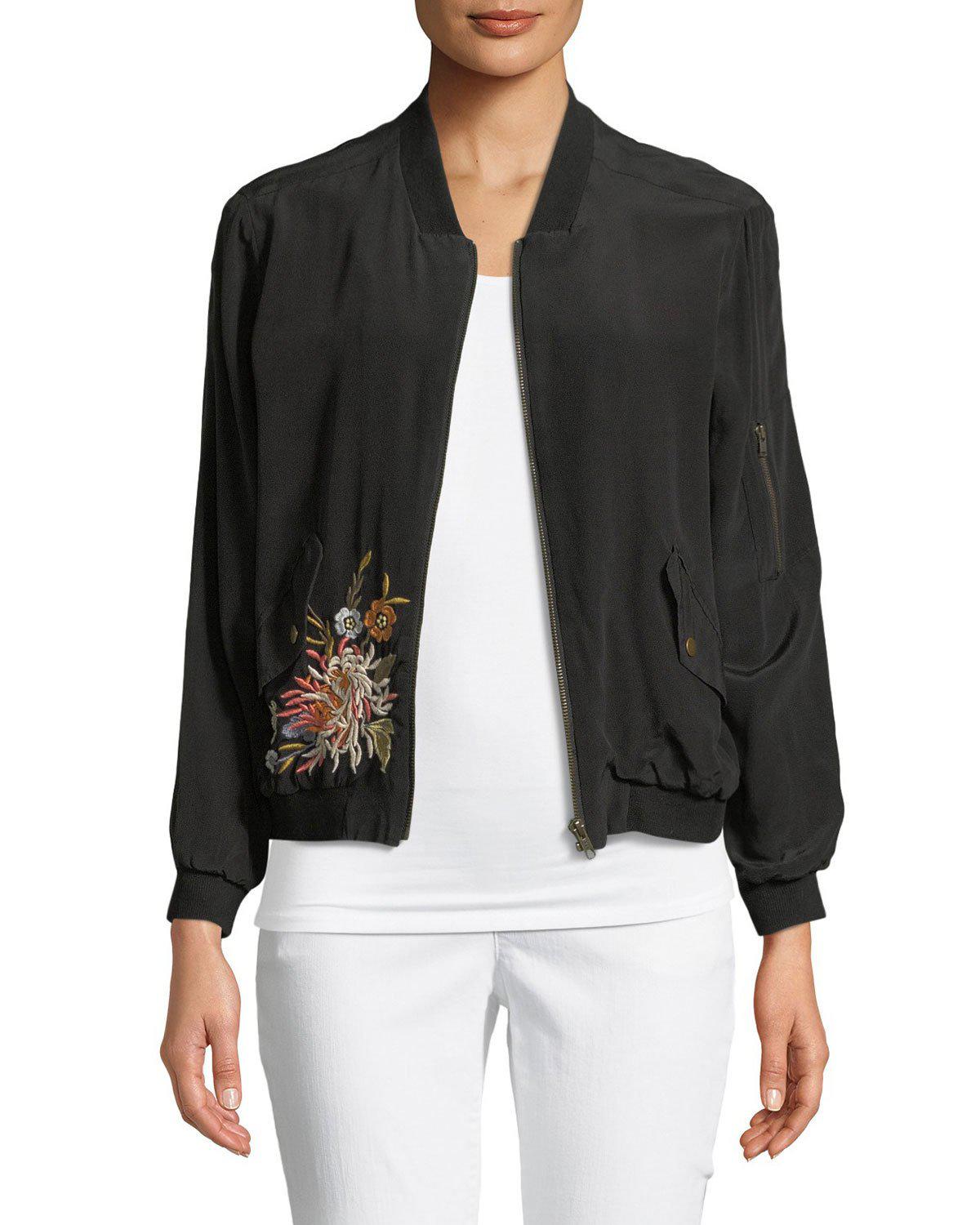 Johnny Was Cerriti Floral-embroidered Silk Bomber Jacket in Black - Lyst