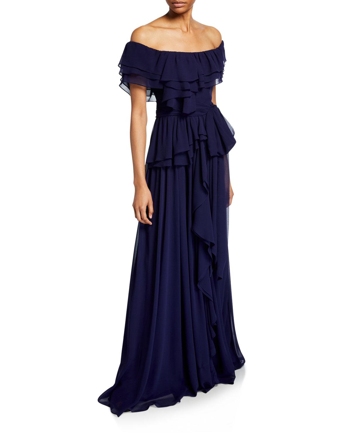 Badgley Mischka Chiffon Off-the-shoulder Short-sleeve Ruffle Gown in ...