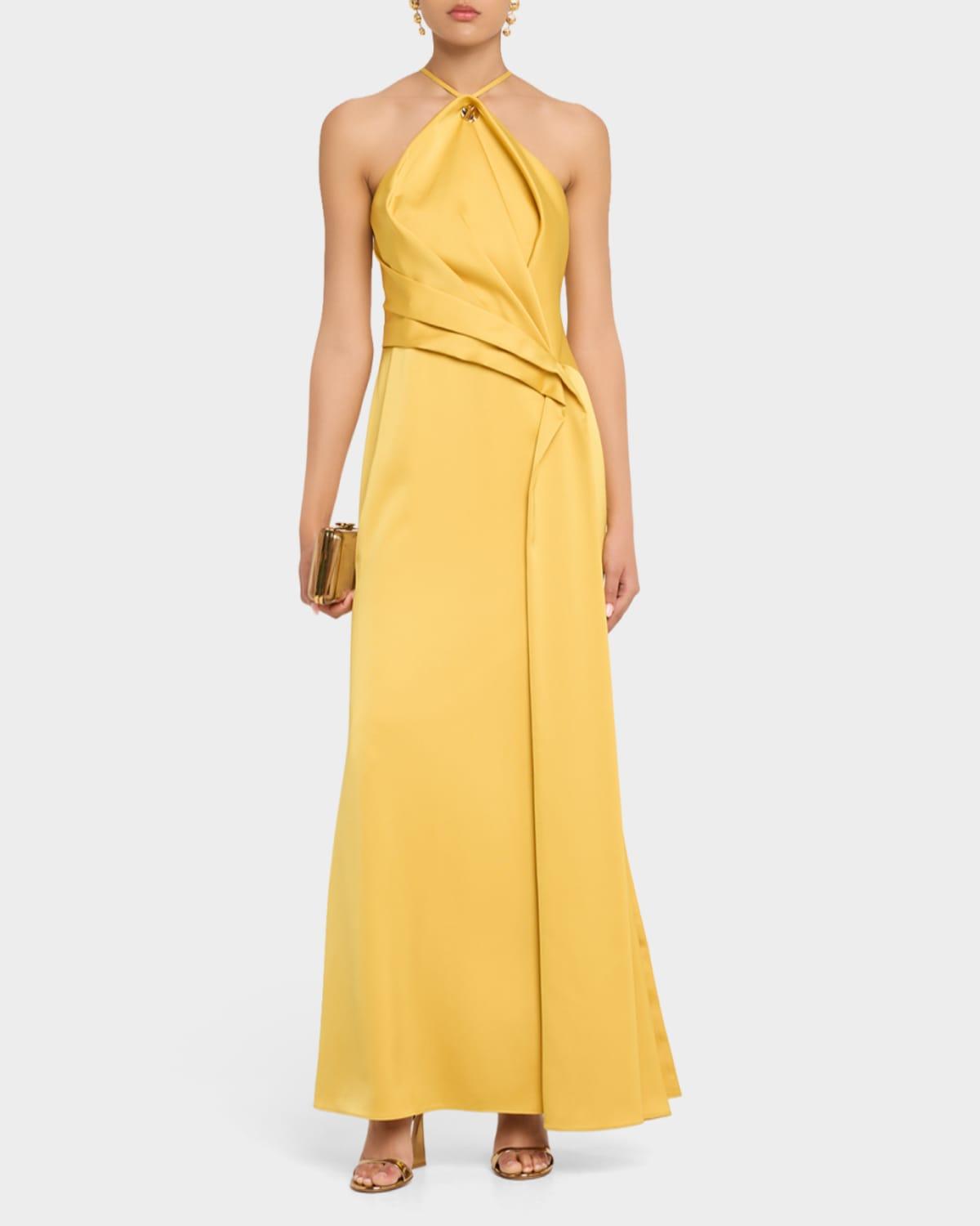 champagne satin halter dress Satin Cross Strap Halter Gown - Champagne main image 0