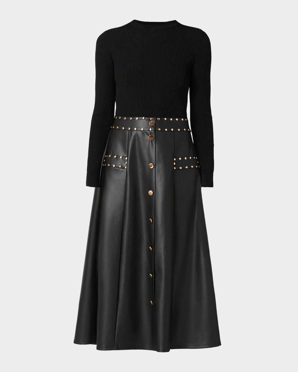 Shoshanna Cleo Combo Rib-Knit & Vegan Leather Midi Dress in Black | Lyst