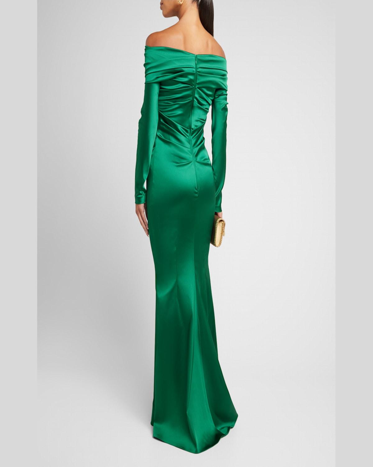 Talbot Runhof Draped Off-The-Shoulder Stretch Satin Duchesse Gown in Green  | Lyst