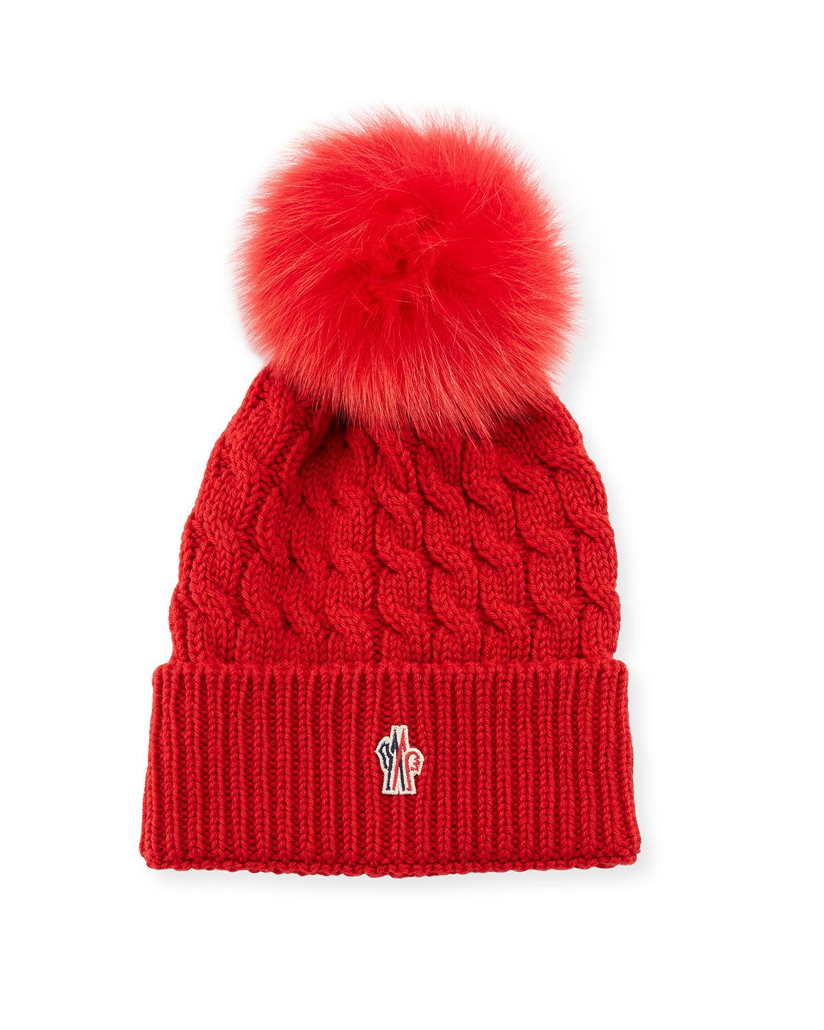 moncler knit hat with fur pom pom