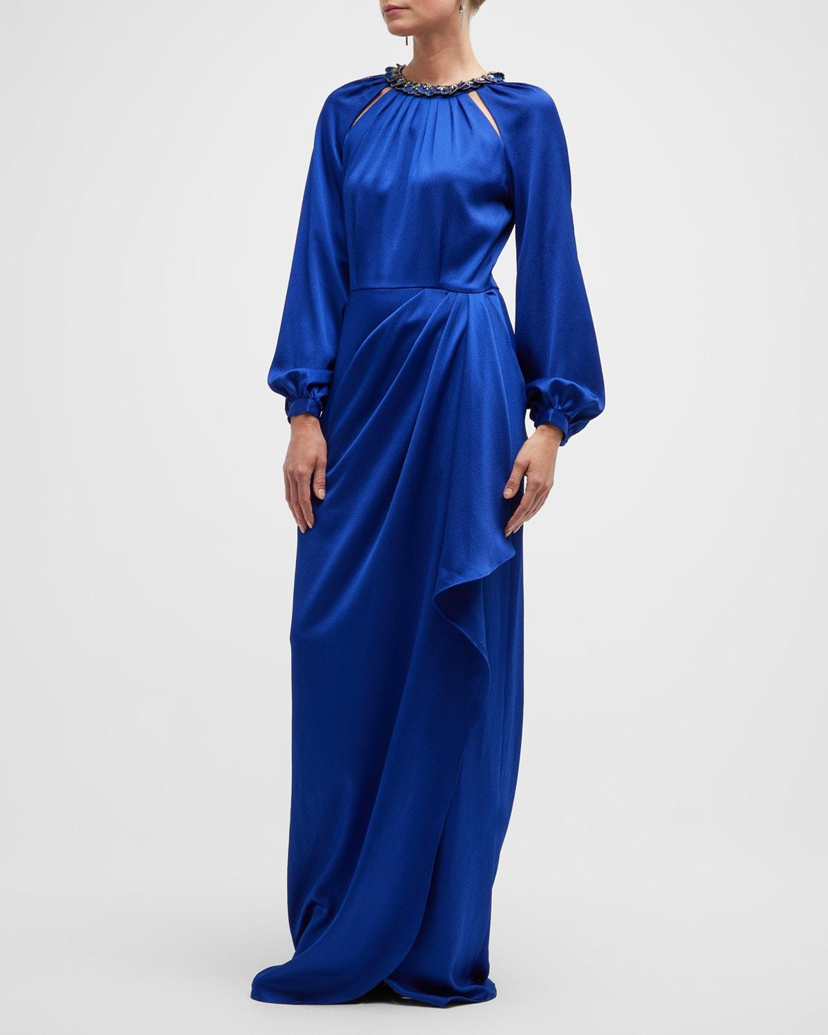 Teri Jon Pleated Blouson-sleeve Hammered Satin Gown in Blue | Lyst