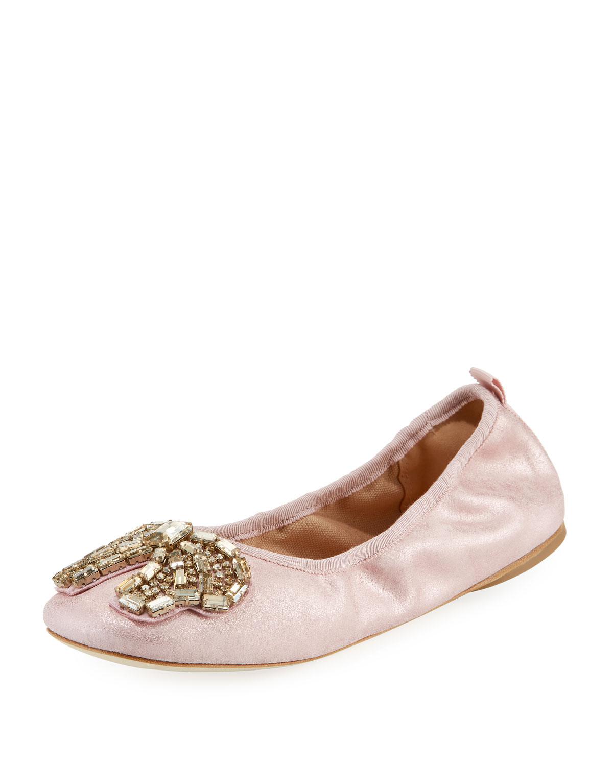 COACH Suede Margot Crystal-bow Ballet Flats in Metallic Rose (Pink) - Lyst