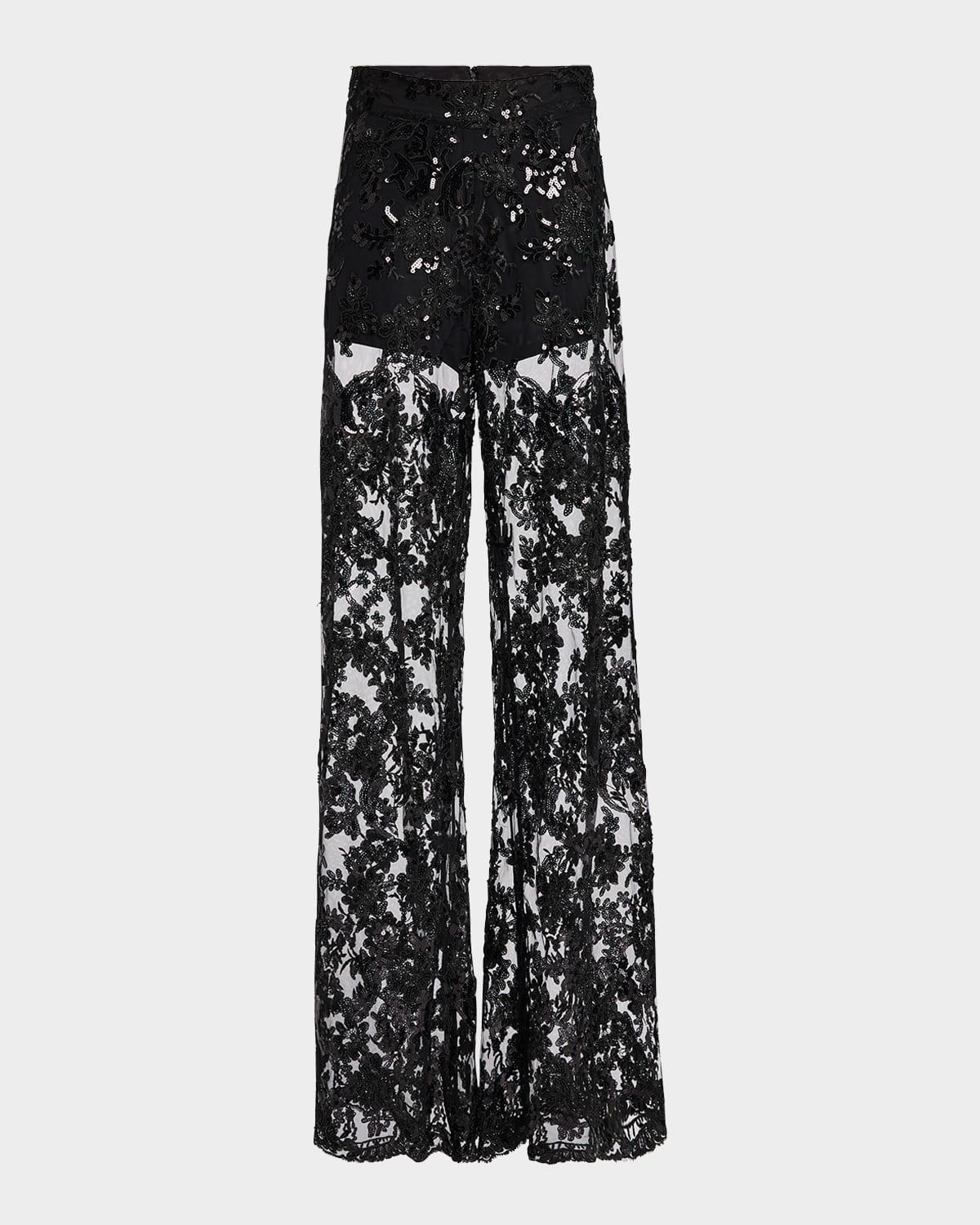 Alice + Olivia Athena Embellished Sheer Lace Wide-Leg Pants