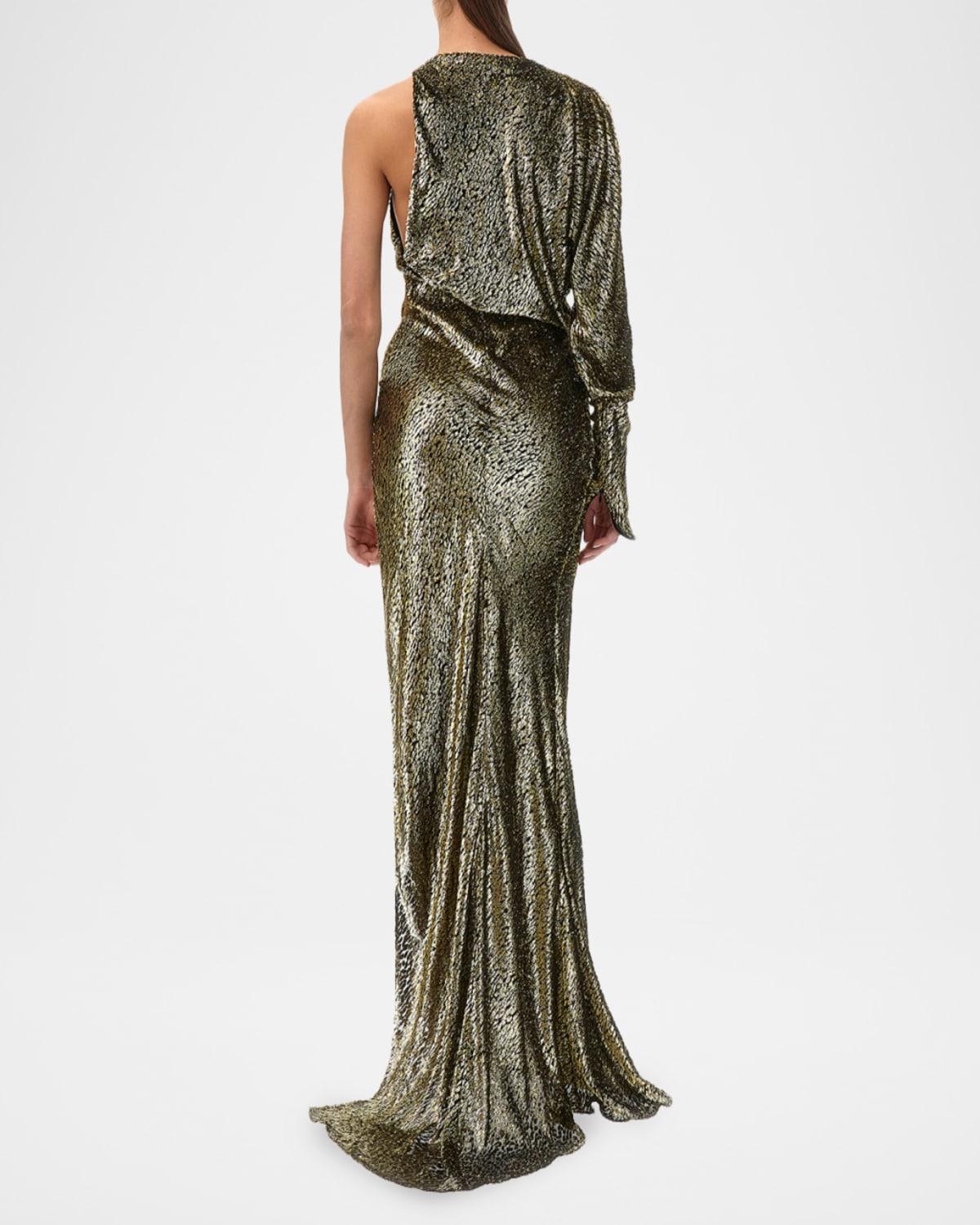 knee length dresses for ladies 2004 Roberto Cavalli Metallic Silk 'Lady Print' High-Slit Trained Gown main image 1