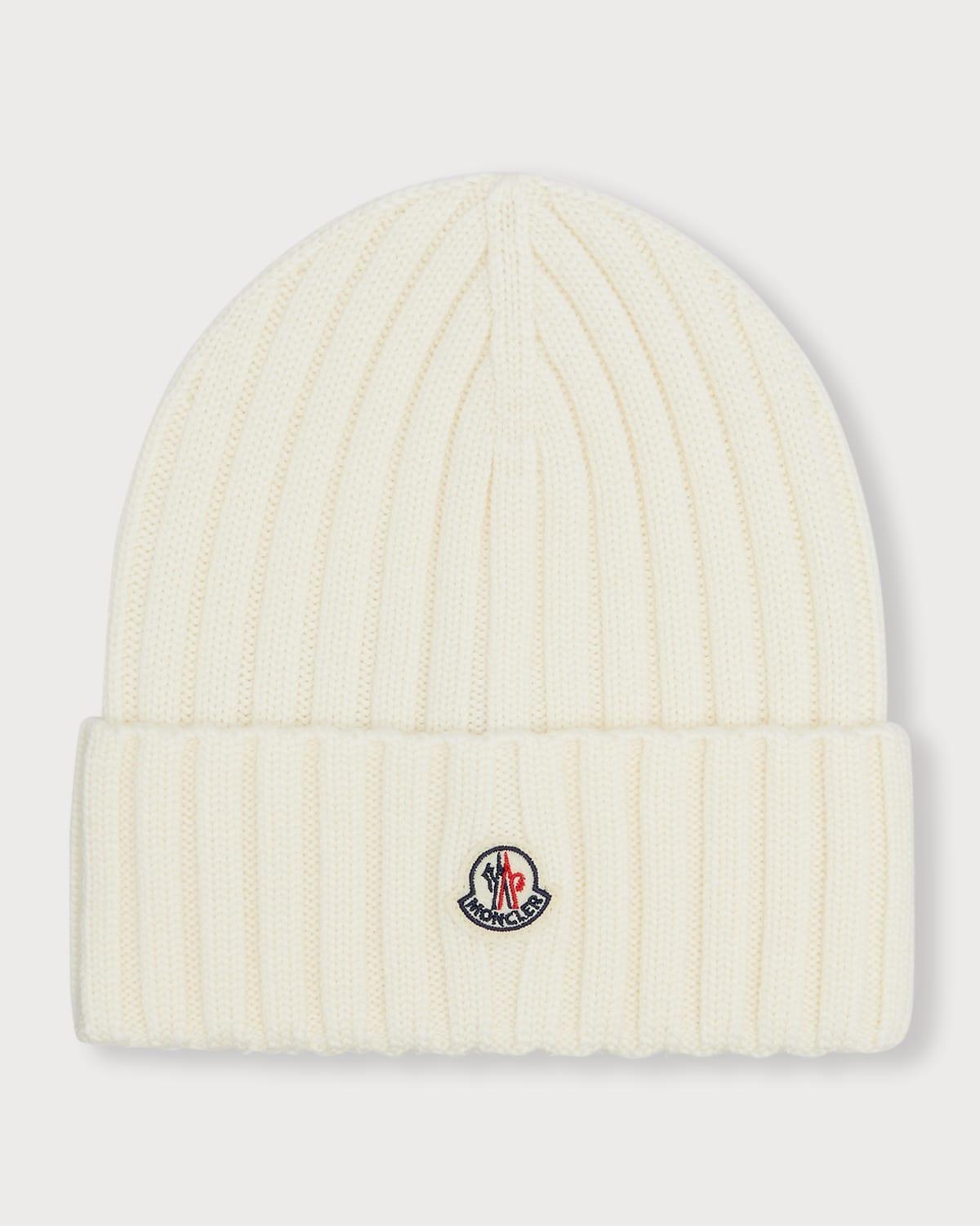Moncler Ribbed Wool Beanie W/ Logo in Natural | Lyst