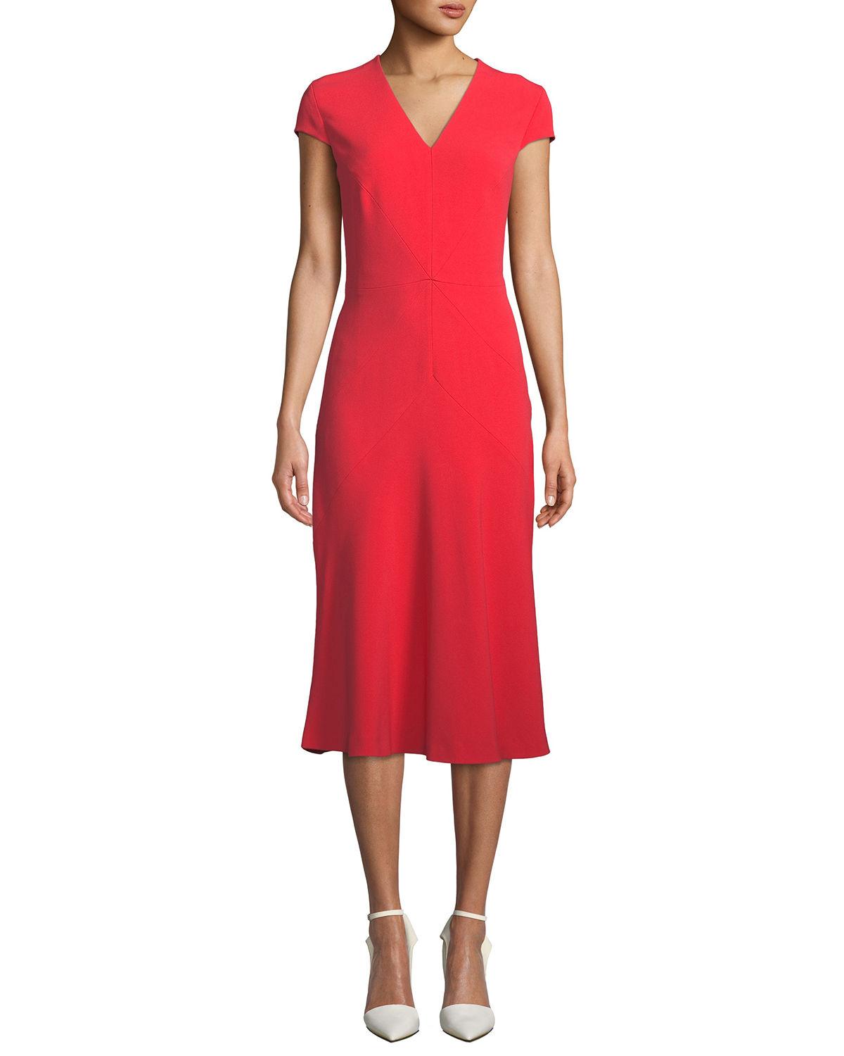 ESCADA Synthetic Vneck Capsleeve Seamed Aline Dress in Red Lyst