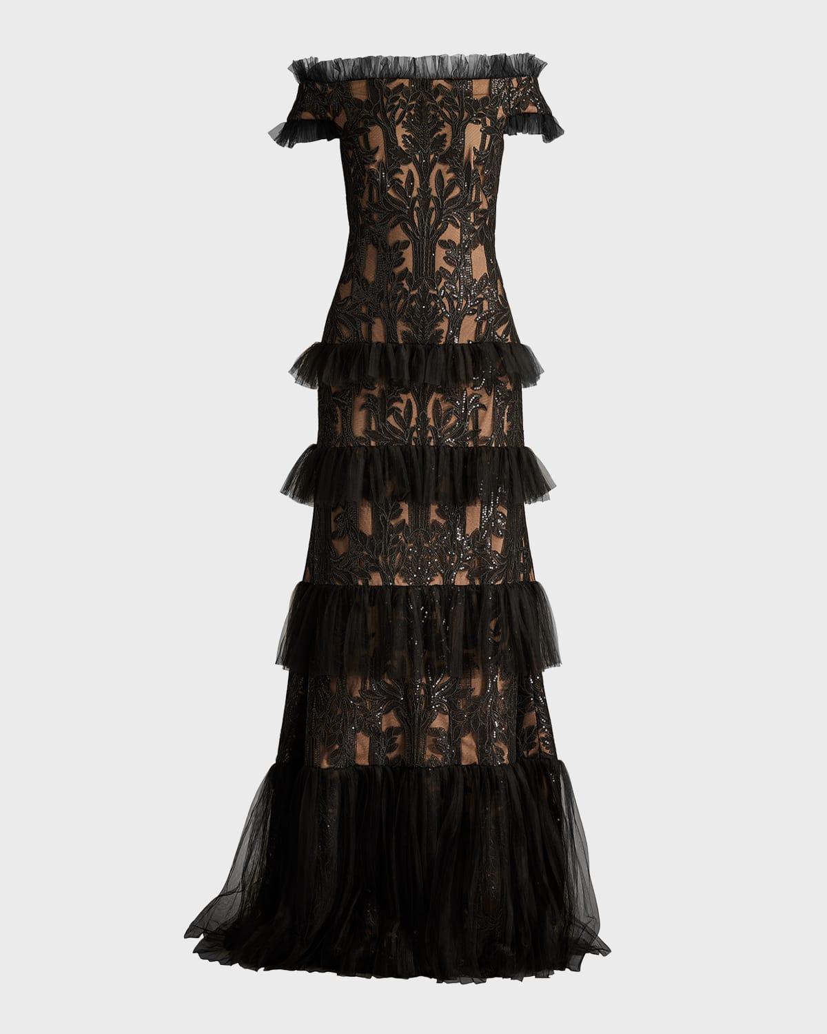 Tadashi Shoji Tiered Off-Shoulder Sequin Lace Gown in Black