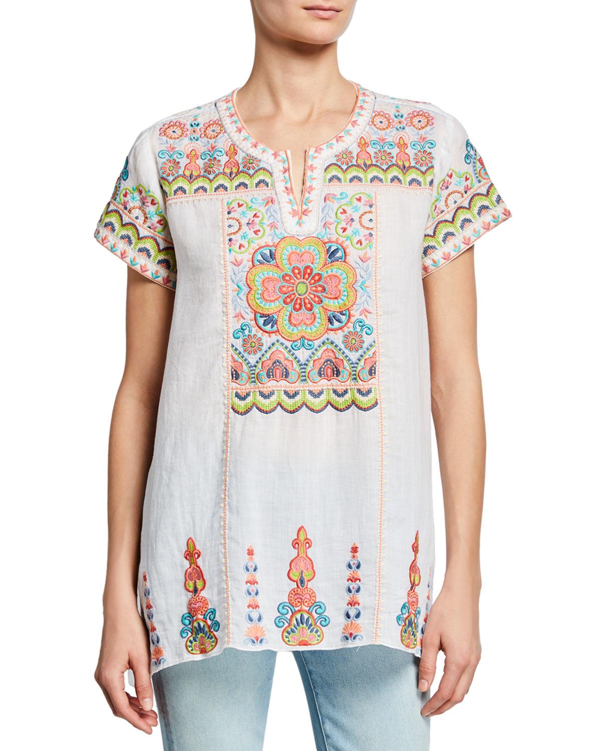 Johnny Was Linen Tamia Embroidered Draped Top in White - Lyst