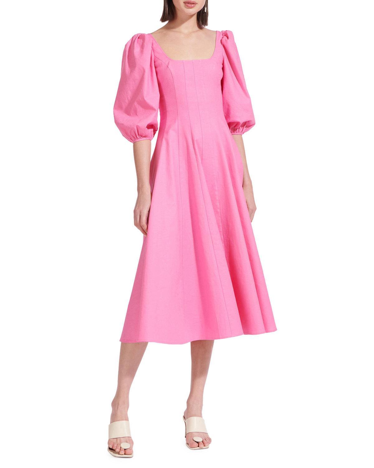STAUD Linen Swells Puffsleeve Midi Dress in Pink Lyst STAUD Linen Swells Puffsleeve Midi Dress in Pink Lyst