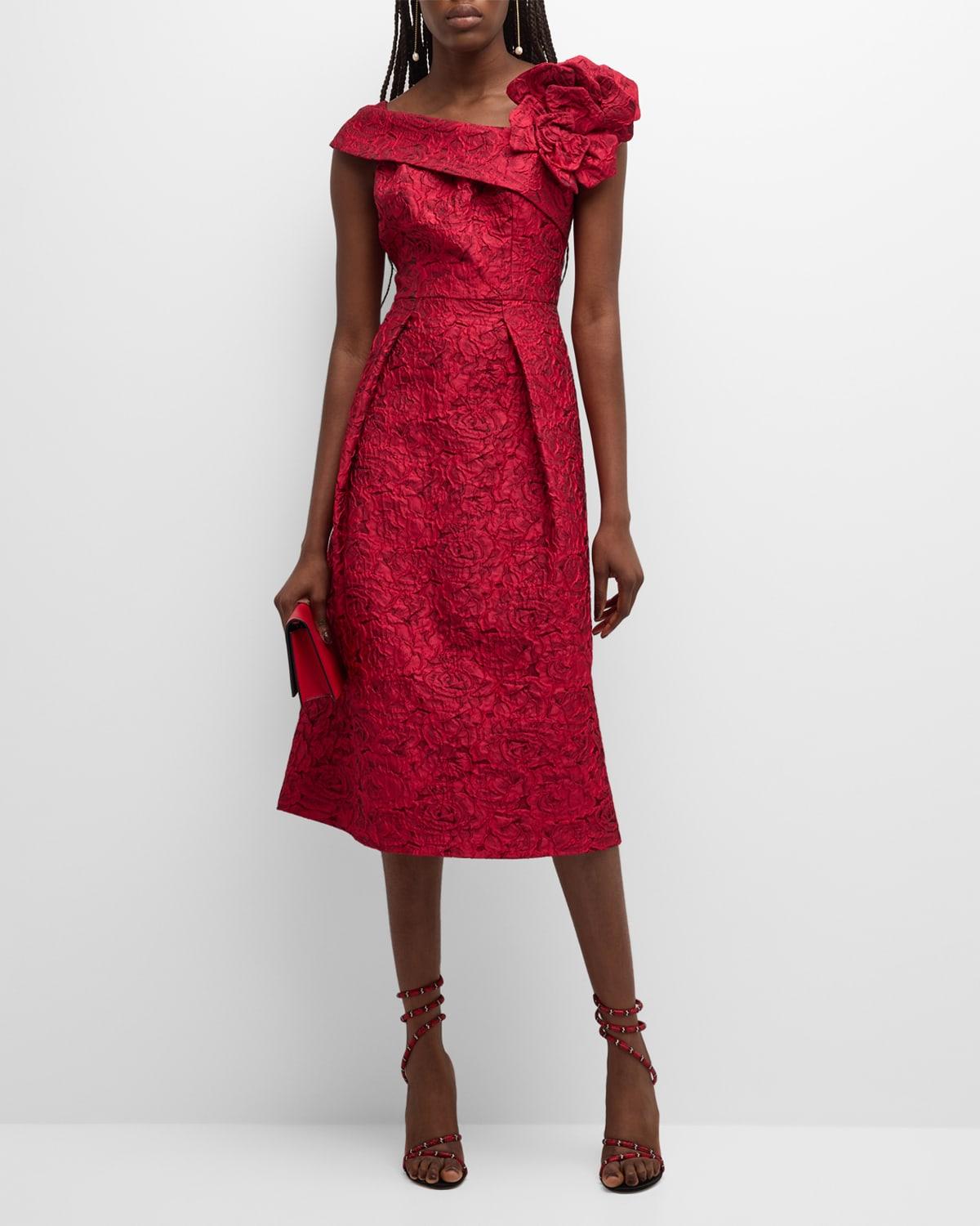 Teri Jon Pleated Floral Jacquard Aline Midi Dress in Red Lyst