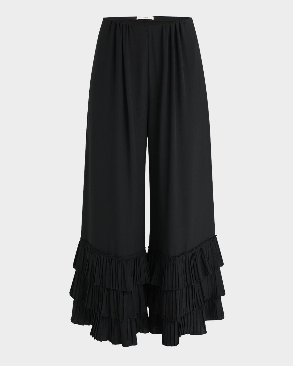 Chloé Tiered Ruffle Hem Wide-Leg Pants in Black | Lyst