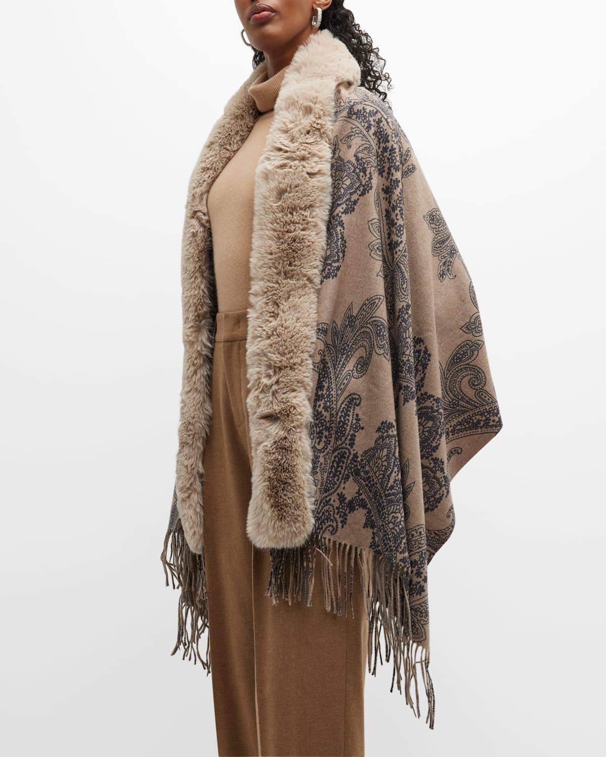 Adrienne Landau Paisley Wool & Faux Fur Wrap in Brown | Lyst