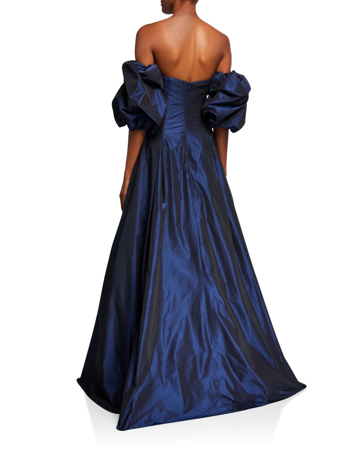 Jovani Synthetic Offshoulder Balloon Sleeve Taffeta Ball Gown in Navy