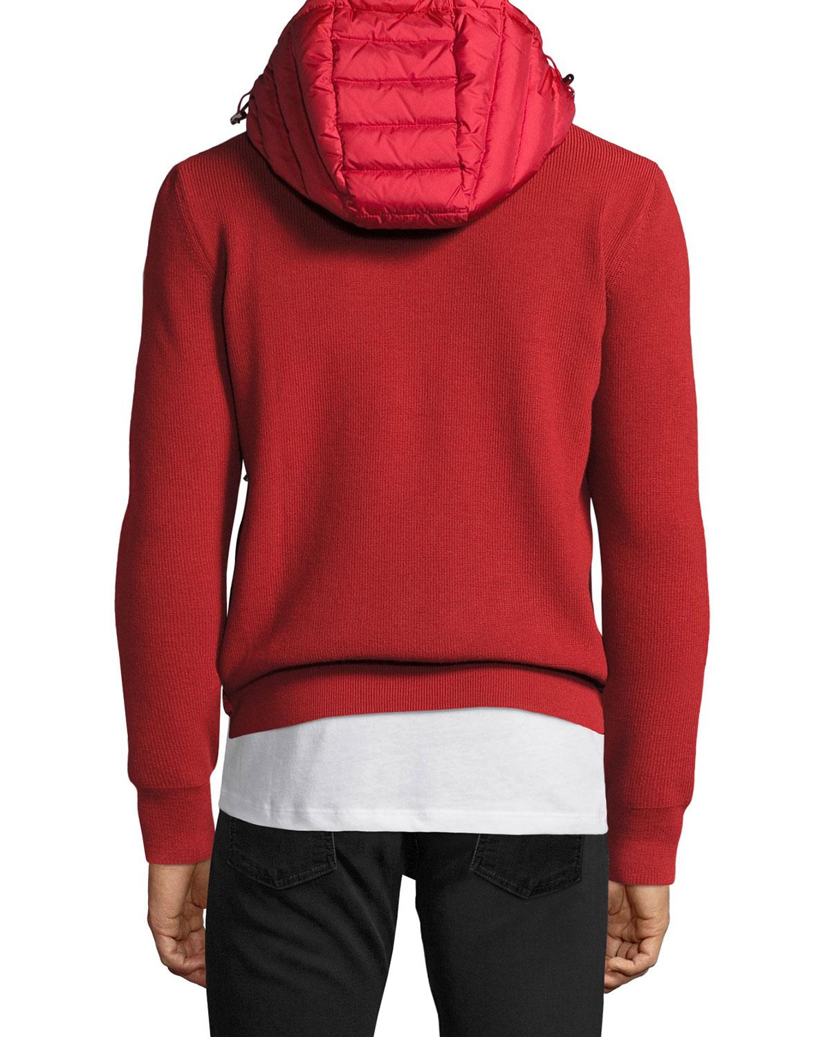 Moncler Hooded Puffer-front Zip Sweater in Red for Men - Lyst