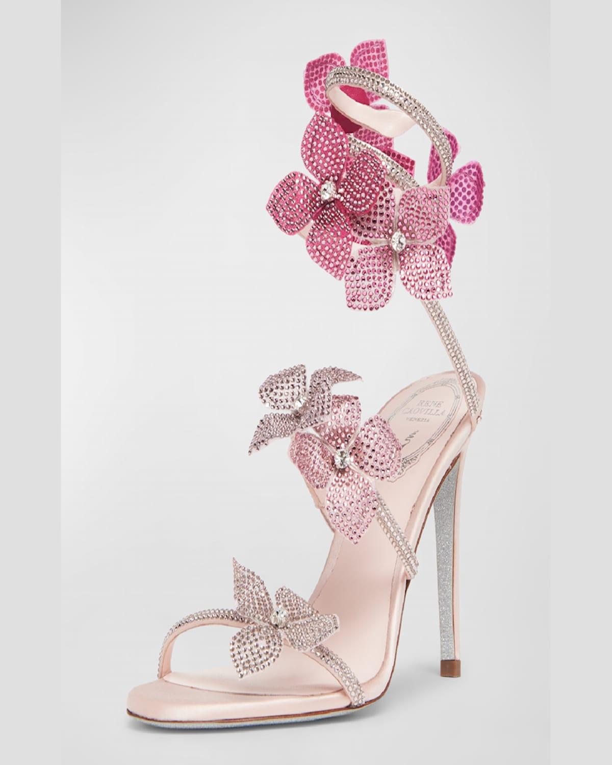 Rene Caovilla Floraine Crystal Flowers Ankle-Wrap Sandals in Pink | Lyst
