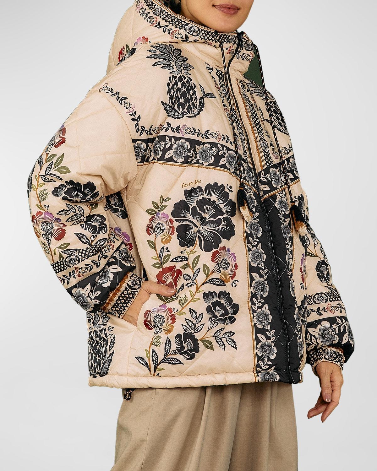 FARM Rio Romantic Garden Printed Puffer Jacket W/ Hood in Natural Lyst