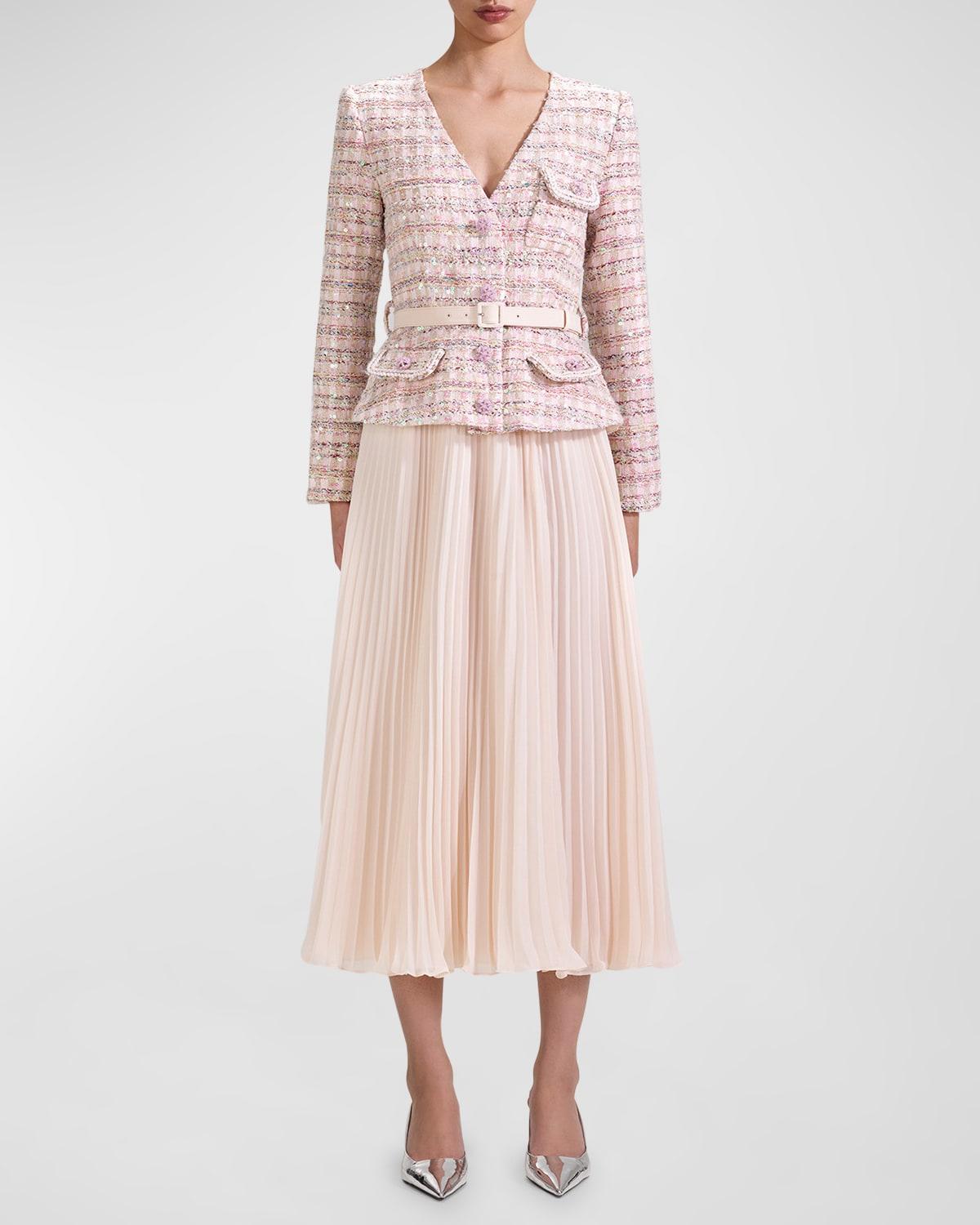 Self-Portrait Sequin Bouclé Suiting & Chiffon Belted Combo Midi Dress in  Pink