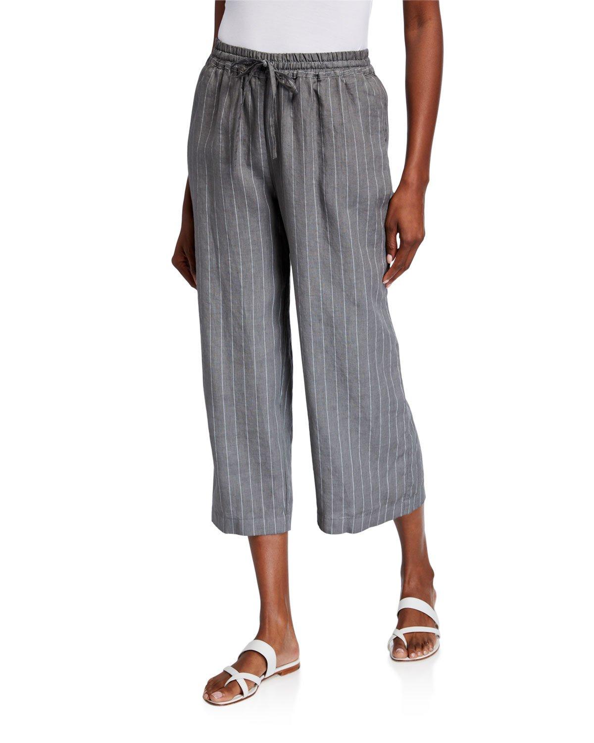 120% Lino Pinstripe Wide-leg Crop Linen Pants in Gray - Lyst