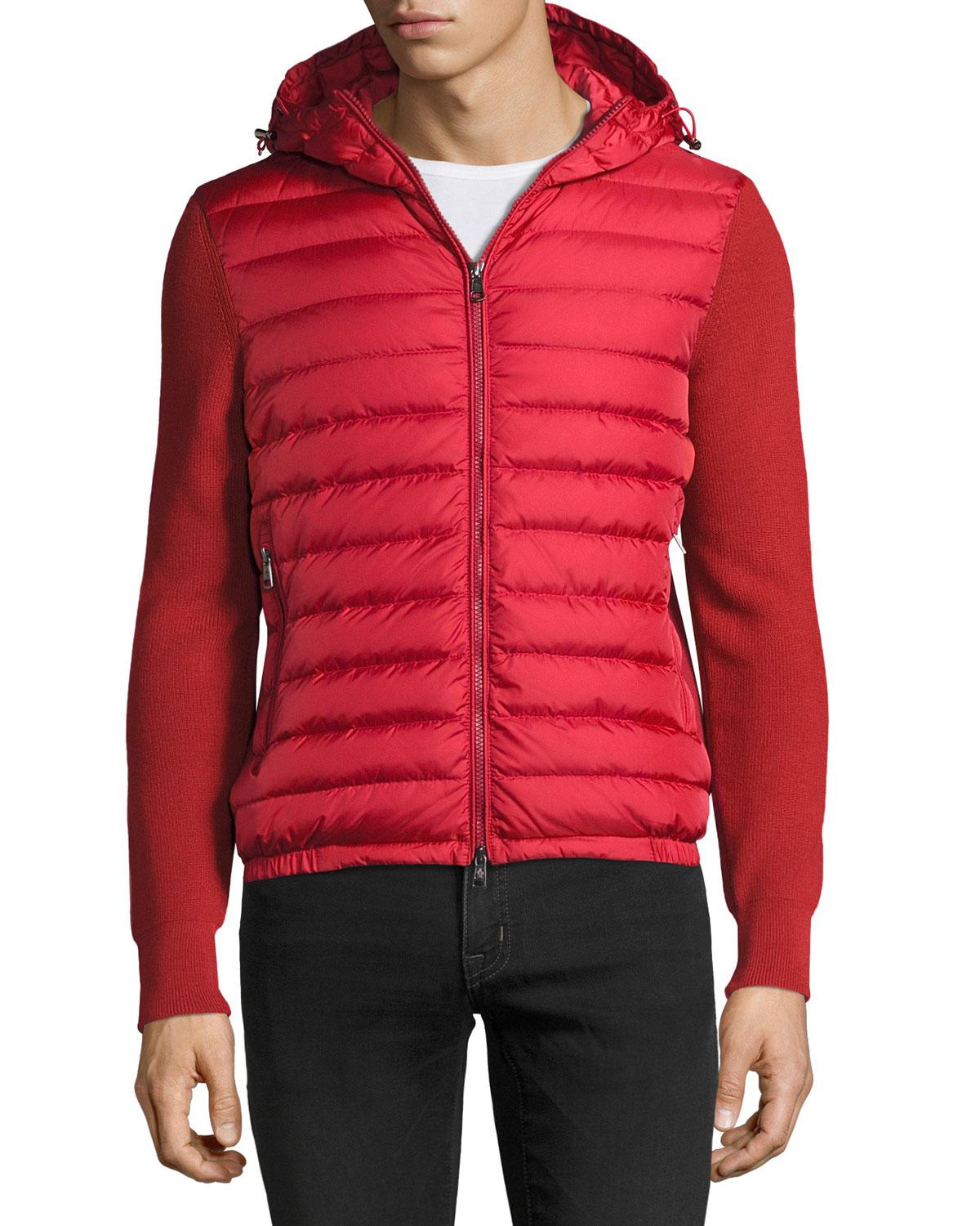 Moncler Hooded Puffer-front Zip Sweater in Red for Men - Lyst