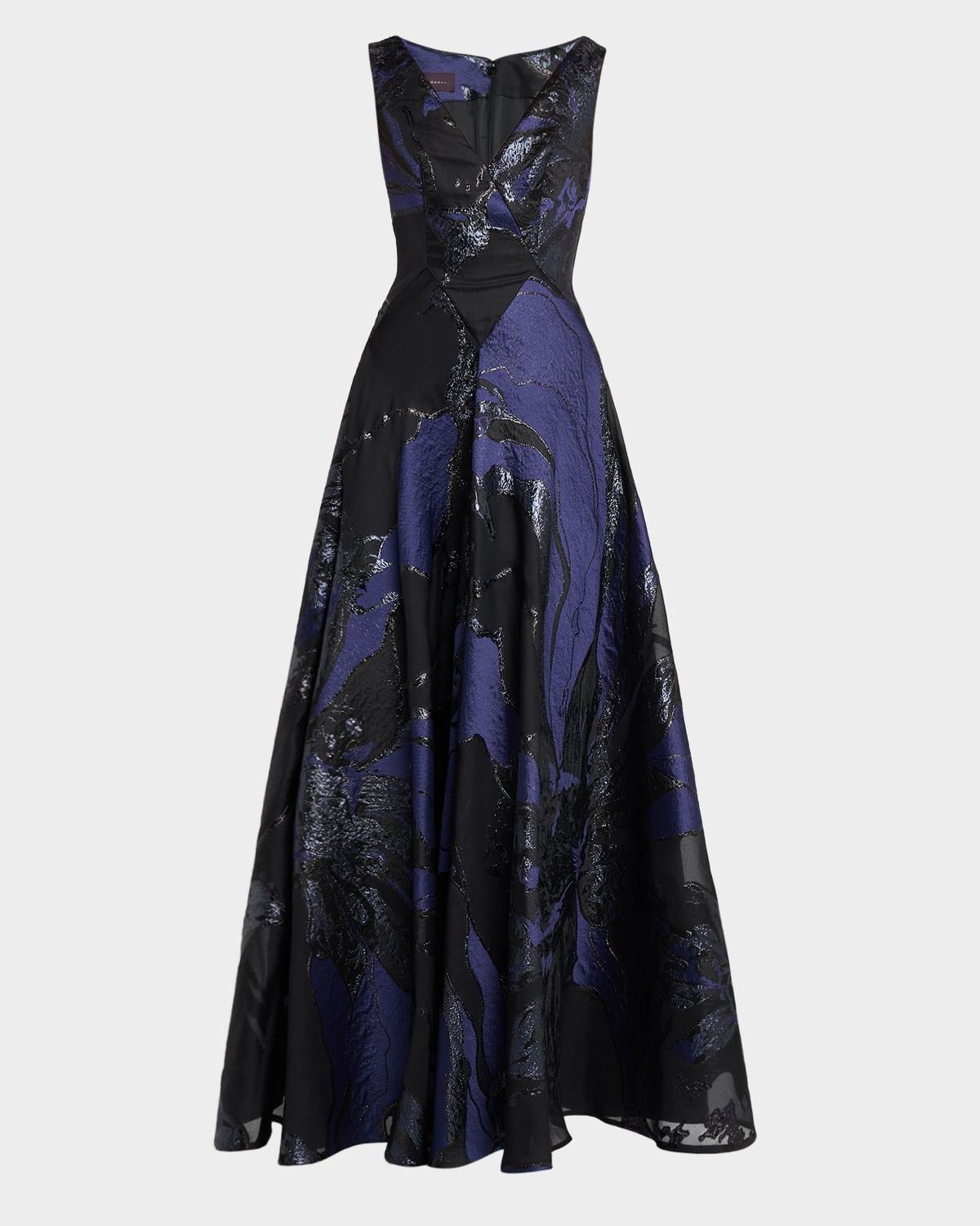 Talbot Runhof Monarch Jacquard Sleeveless A-Line Gown in Blue | Lyst