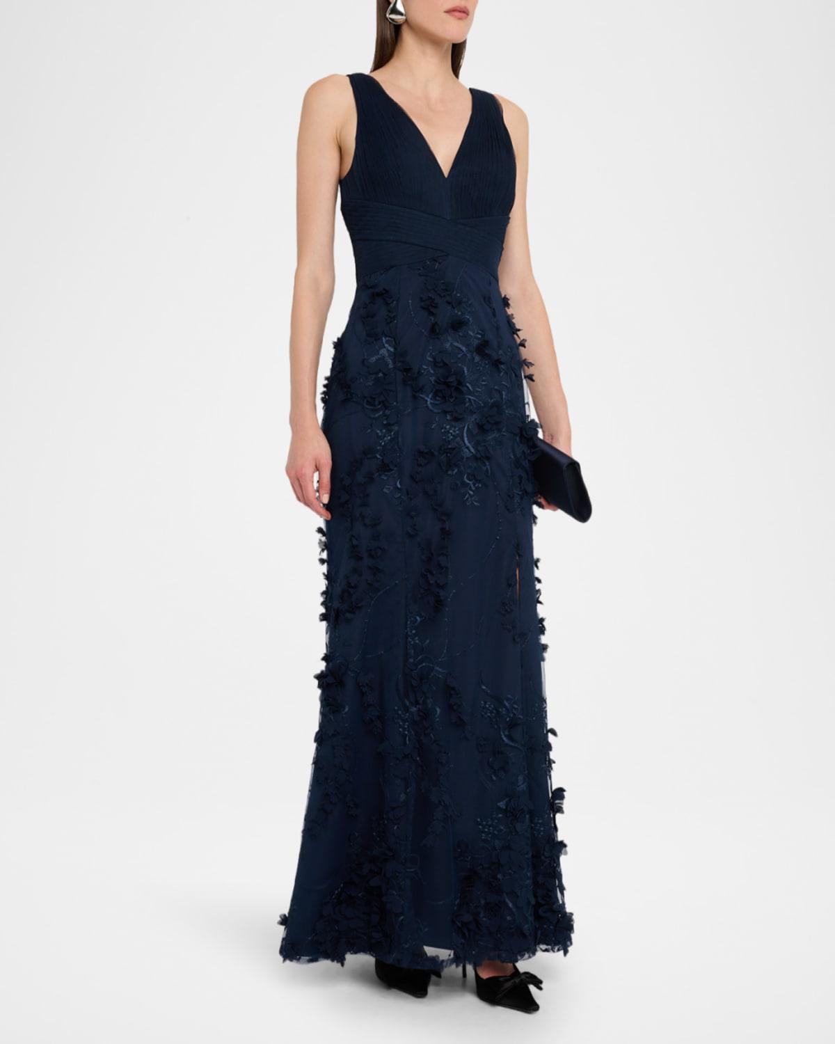 green emerald velvet dress Aidan Mattox V-Neck Back Zipper Pleated Shoulders Short Sleeves Front Slit Opening Long Satin Dress Royal Sapphire / 18