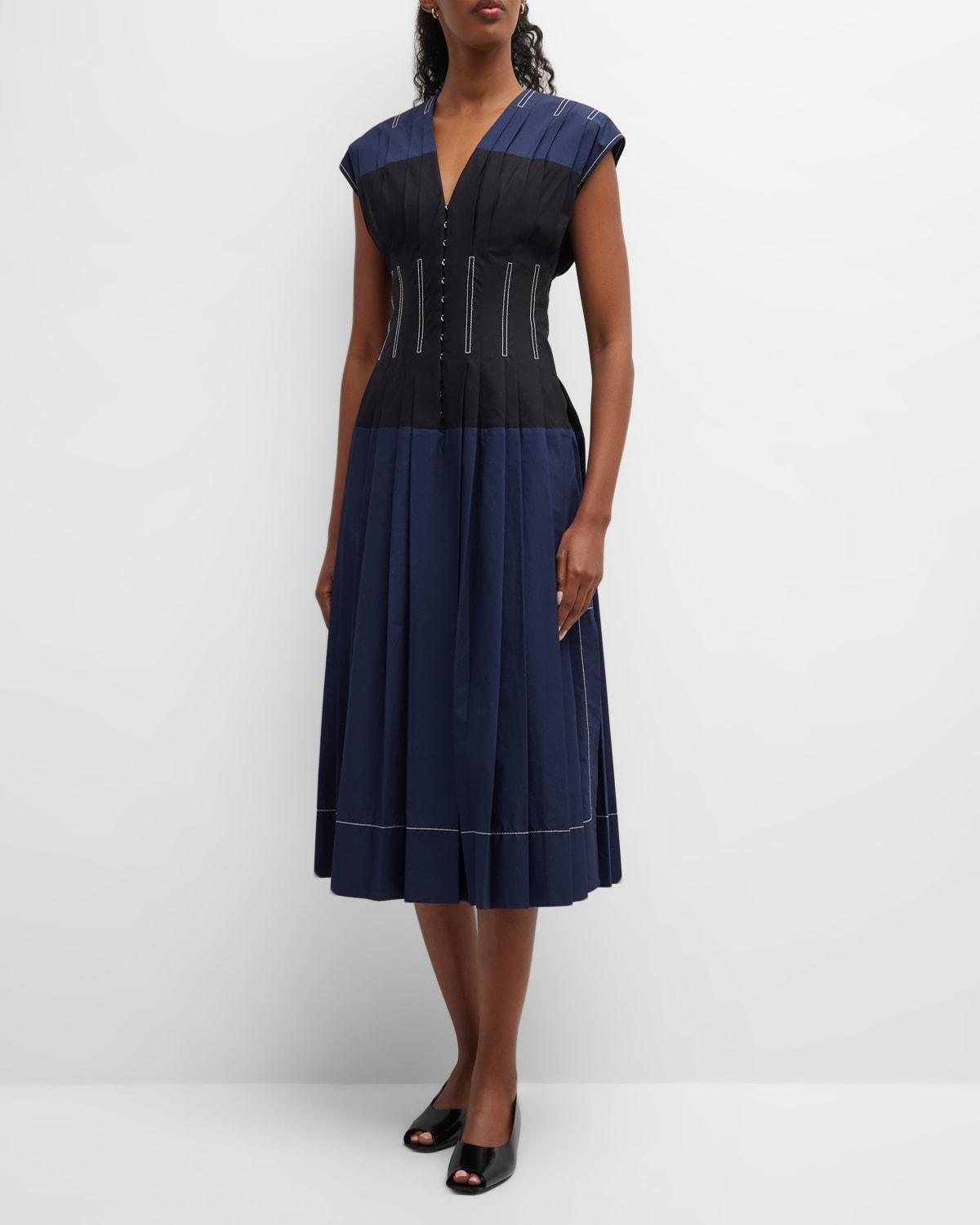 Tory Burch Pleated Cap-sleeve Cotton Poplin Midi Dress in Blue | Lyst