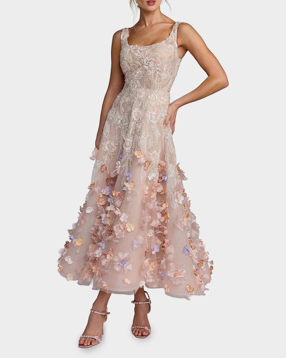 mac duggal applique midi dress Mac Duggal Boucle Strapless 3D Floral Midi Dress