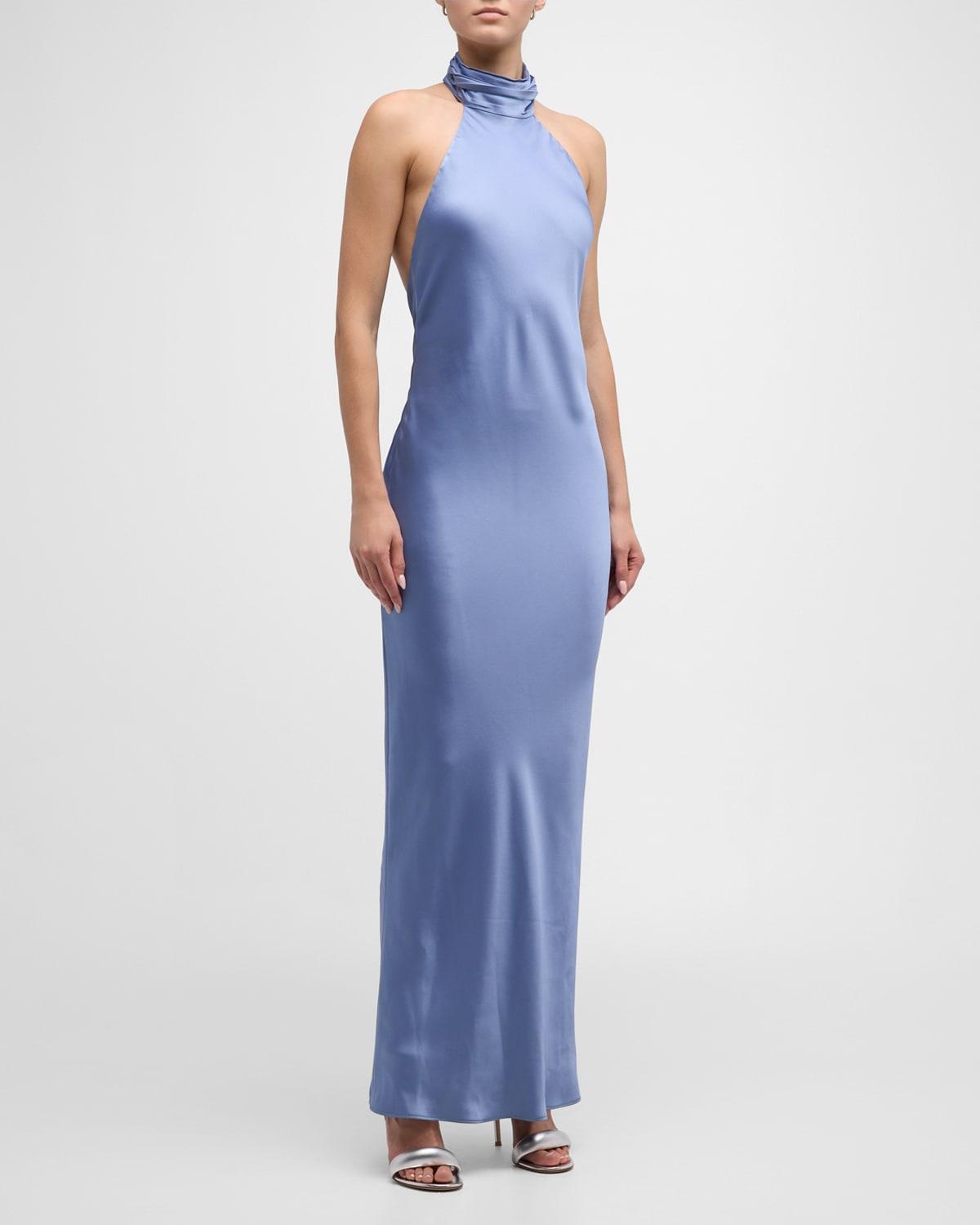 Ramy Brook Tatiana Low-cut Halter Column Gown in Blue | Lyst