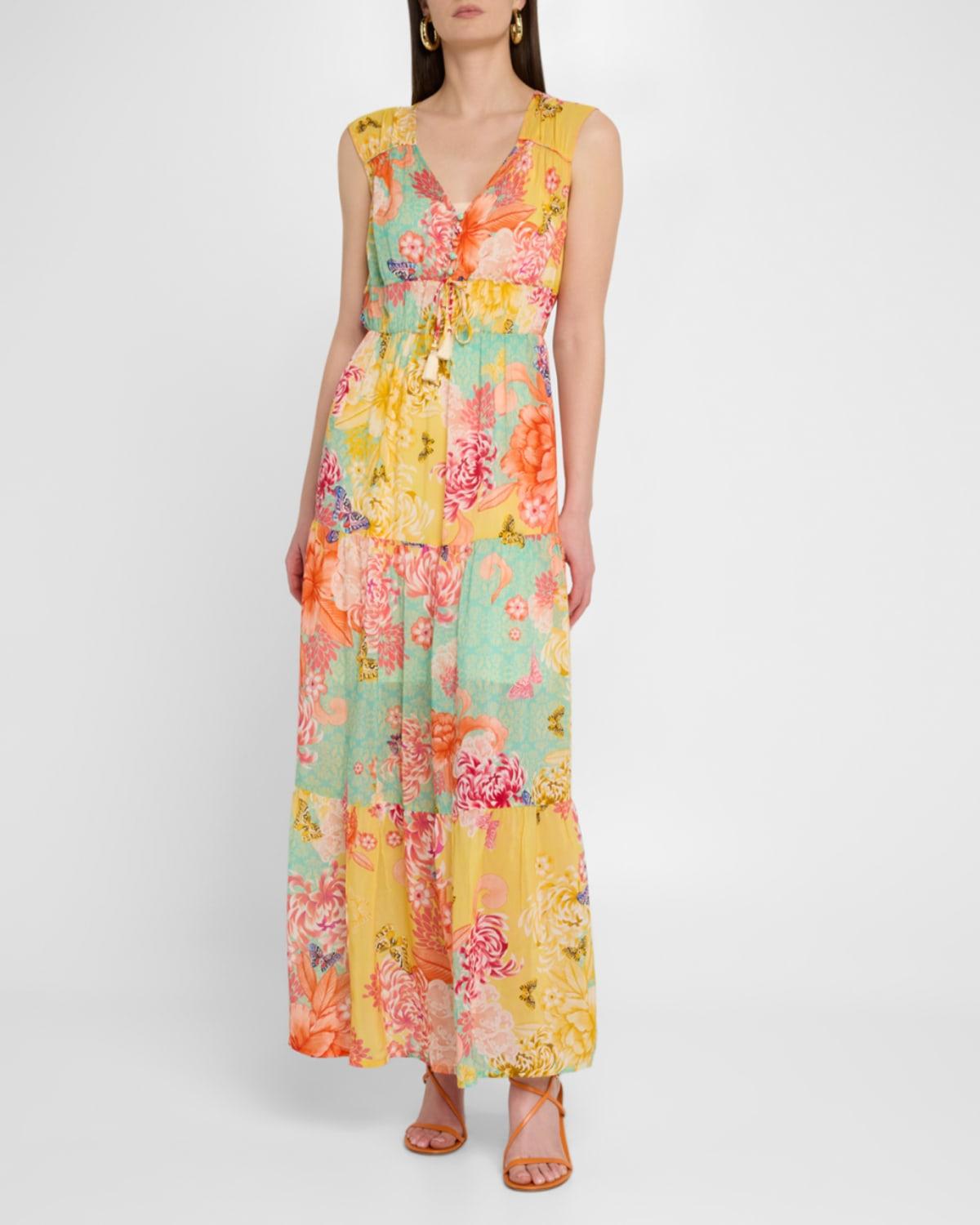 Johnny Was Maje Sleeveless Tiered Floral-Print Maxi Dress in White | Lyst