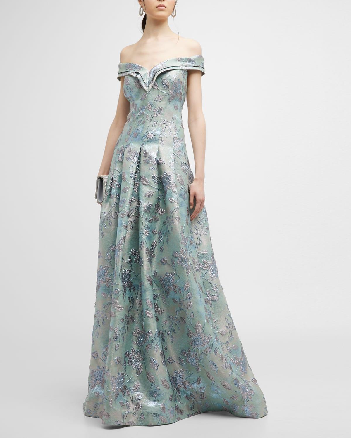 Teri Jon Off-shoulder Box Pleat Floral Jacquard Gown in Blue | Lyst