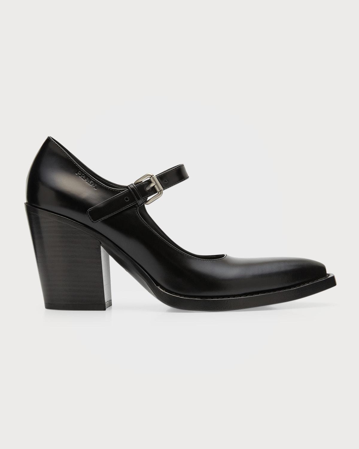 Prada Leather Mary Jane Block Heel Pumps in Black Lyst