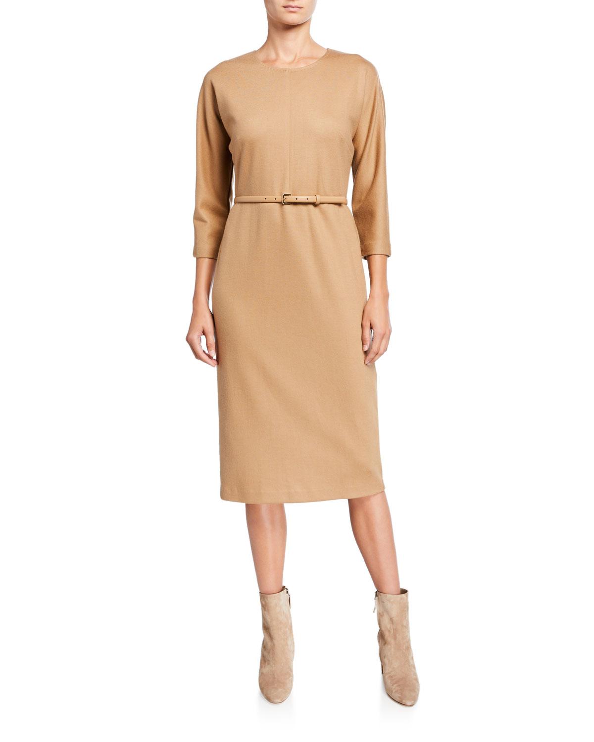 Max Mara 3/4-sleeve Wool Jersey Dress in Camel (Natural) - Lyst