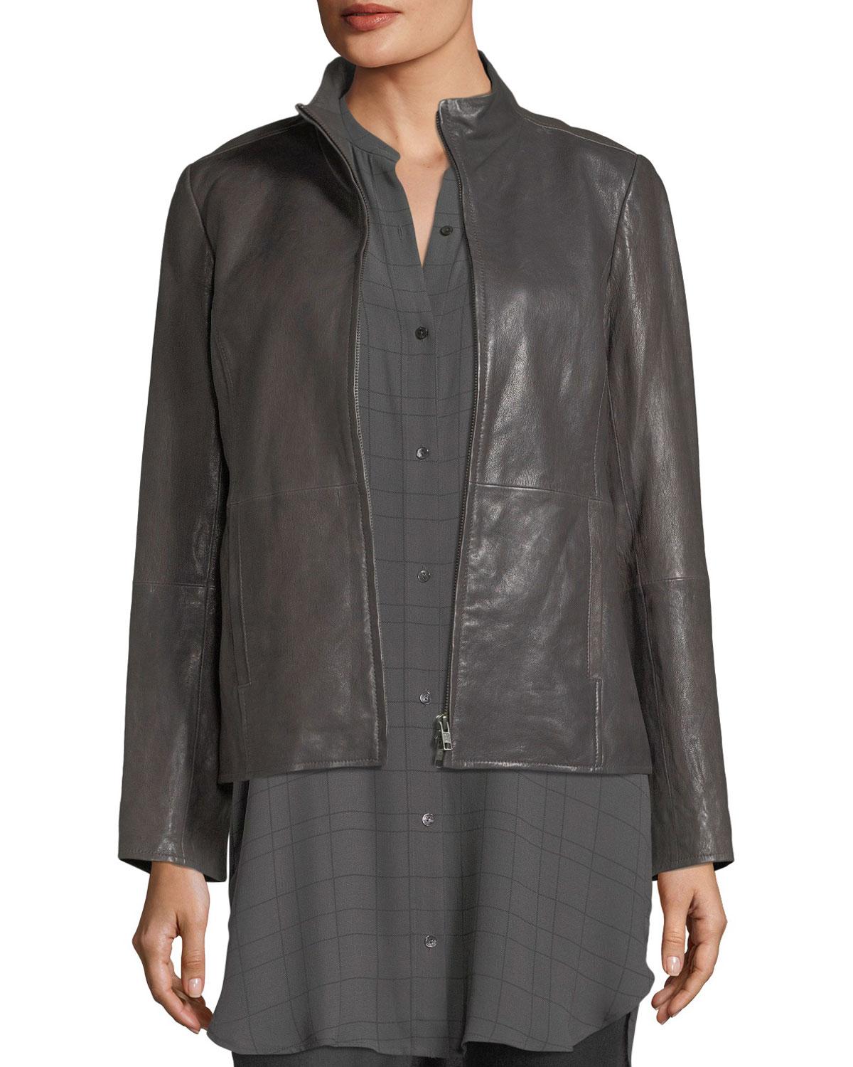 Download Eileen Fisher Rumpled Leather Zip-front Jacket - Lyst