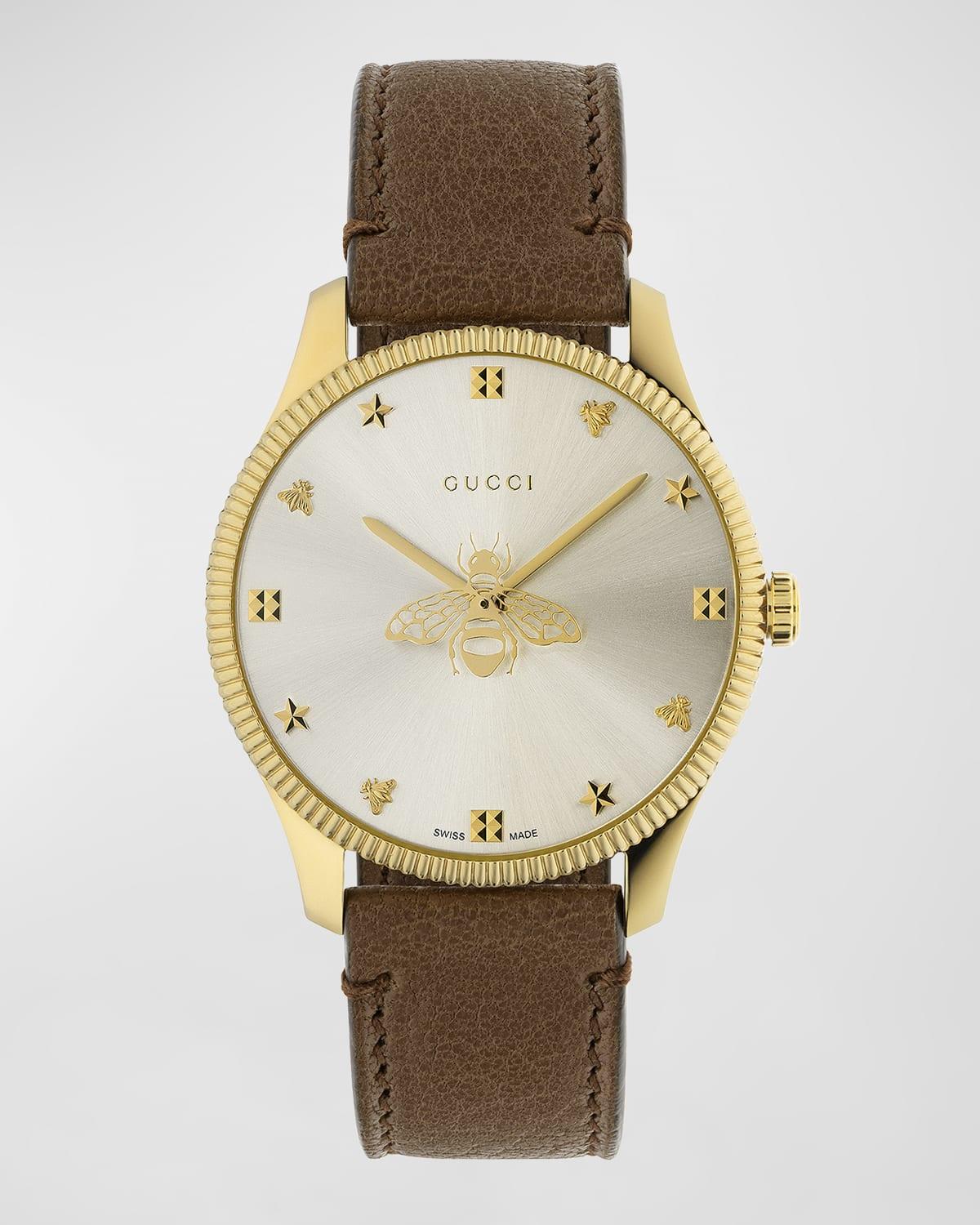 Gucci 36mm Bee Logo Pvd Watch With Brown Leather Strap in Metallic | Lyst