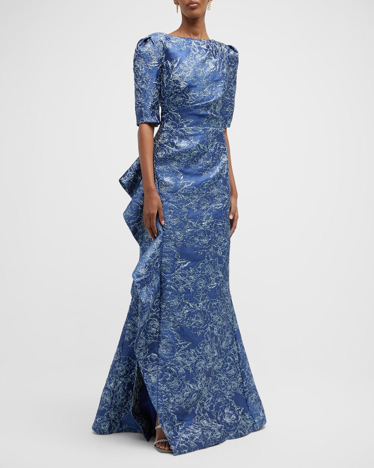 Teri Jon Puffsleeve Draped Jacquard Gown in Blue Lyst
