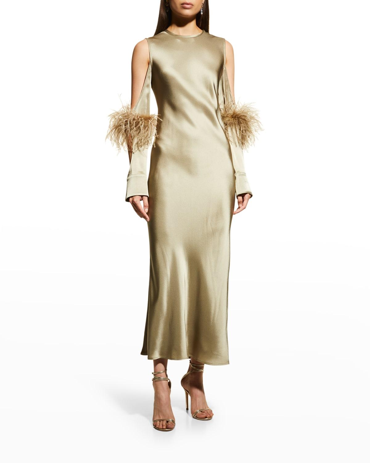 LAPOINTE Satin Bias Cutout Dress With Feather-trim in Natural | Lyst