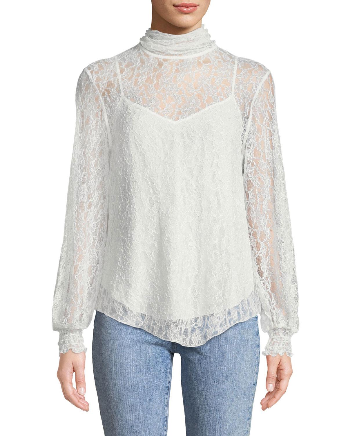 See By Chloé High-neck Lace Long-sleeve Blouse in Ivory (White) - Lyst