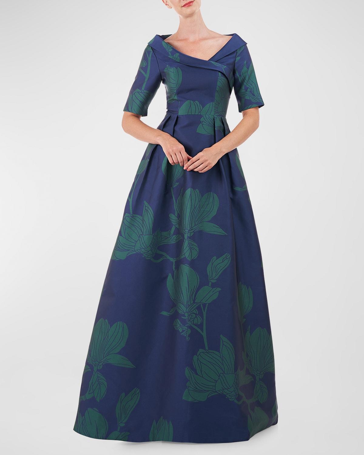 Kay Unger Coco Pleated Floral-print A-line Gown in Blue | Lyst
