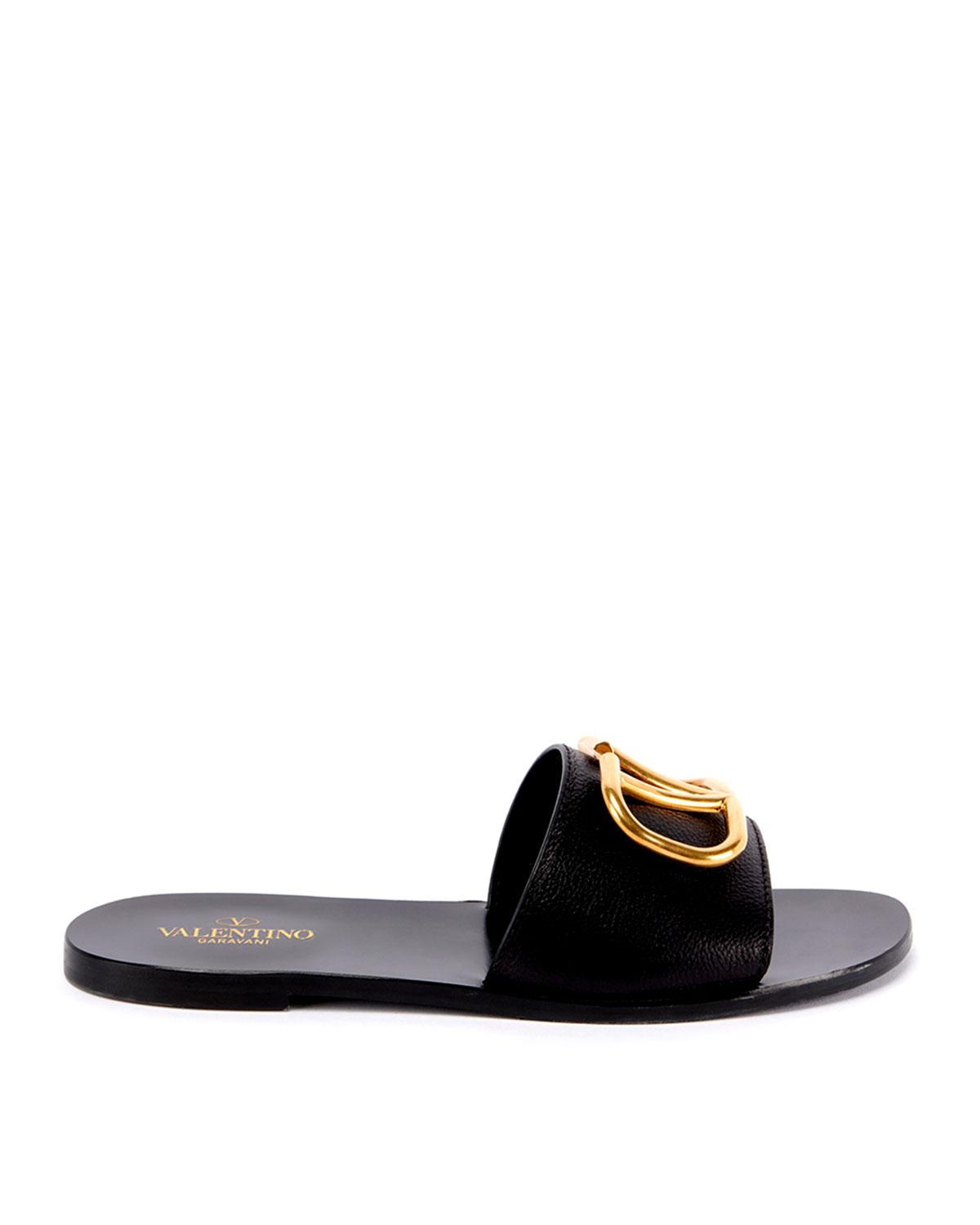 Valentino Garavani Vlogo Signature Slide Sandal In Grainy Cowhide With  Accessory in Black | Lyst
