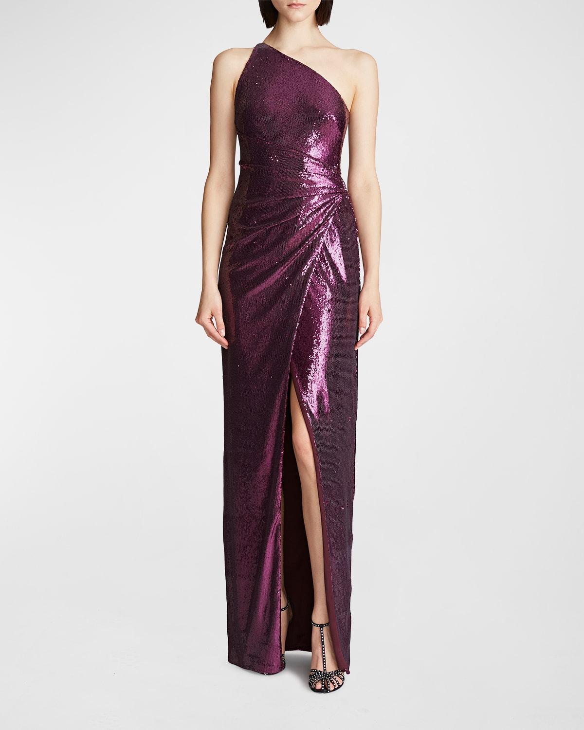 Halston Adriana One-shoulder Sequin Slit Gown in Purple | Lyst