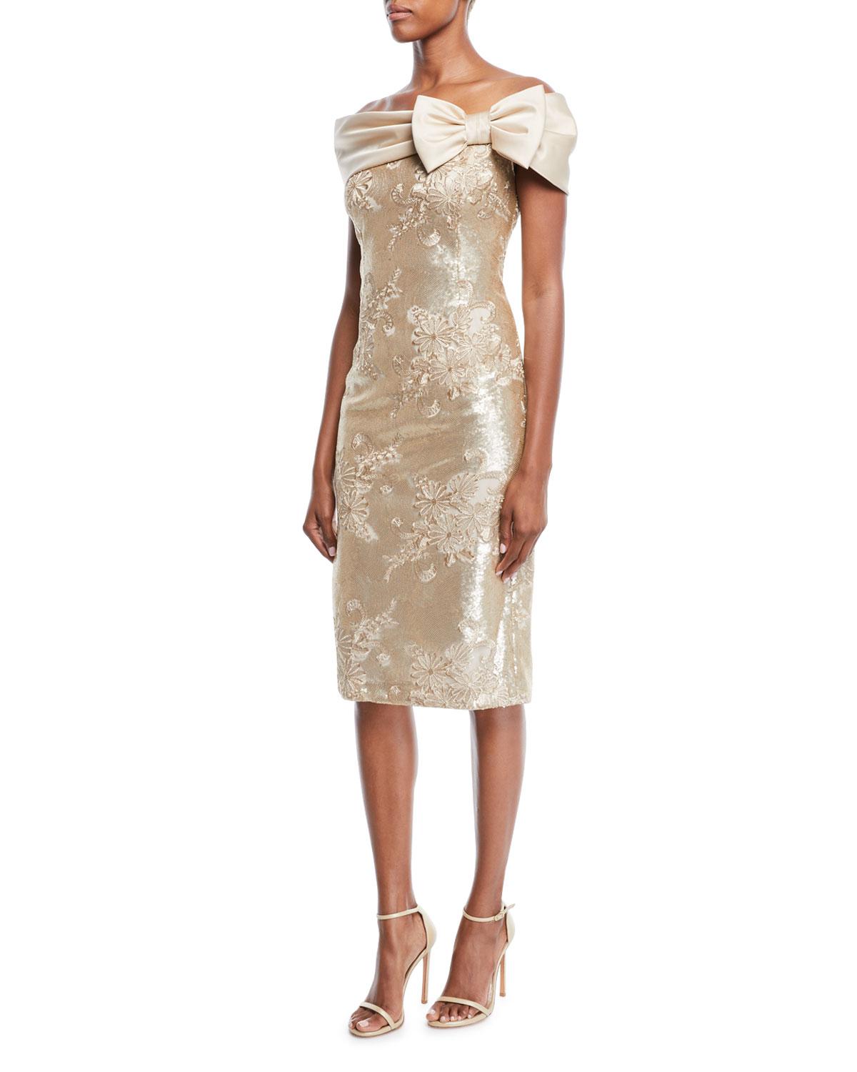 teri jon bow neck sheath dress