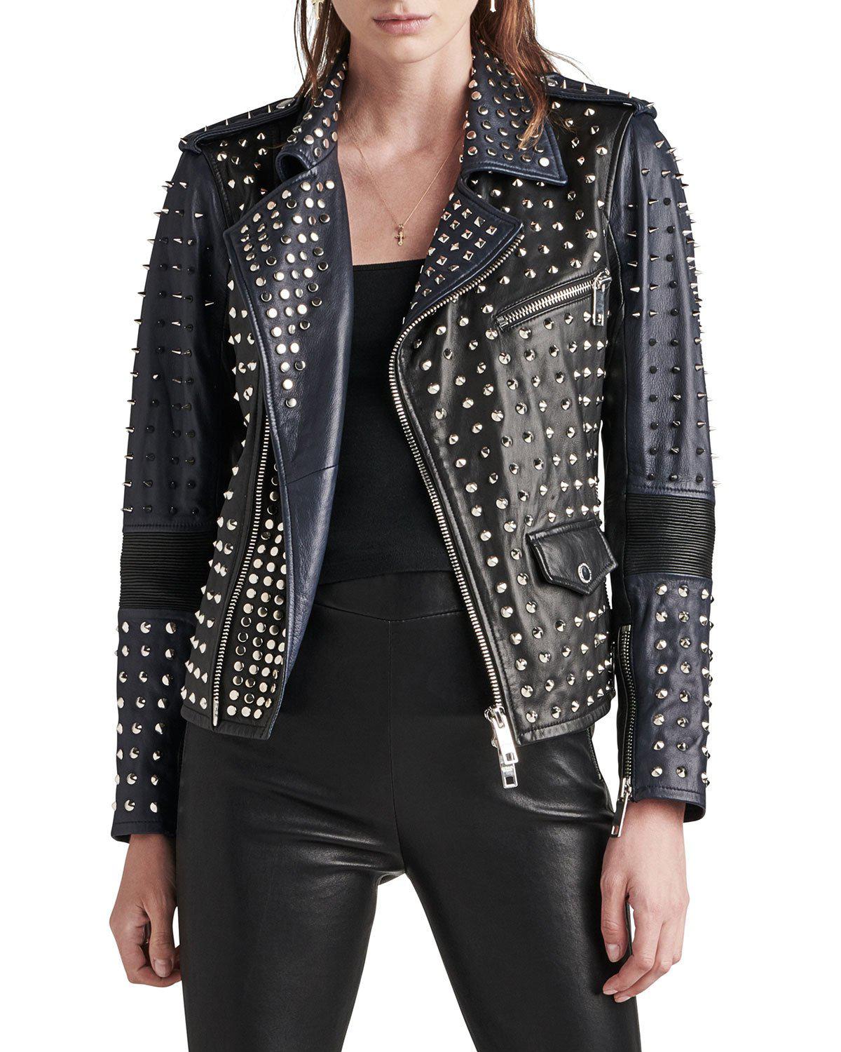 Hudson Jeans Studded Leather Biker Jacket in Black - Lyst