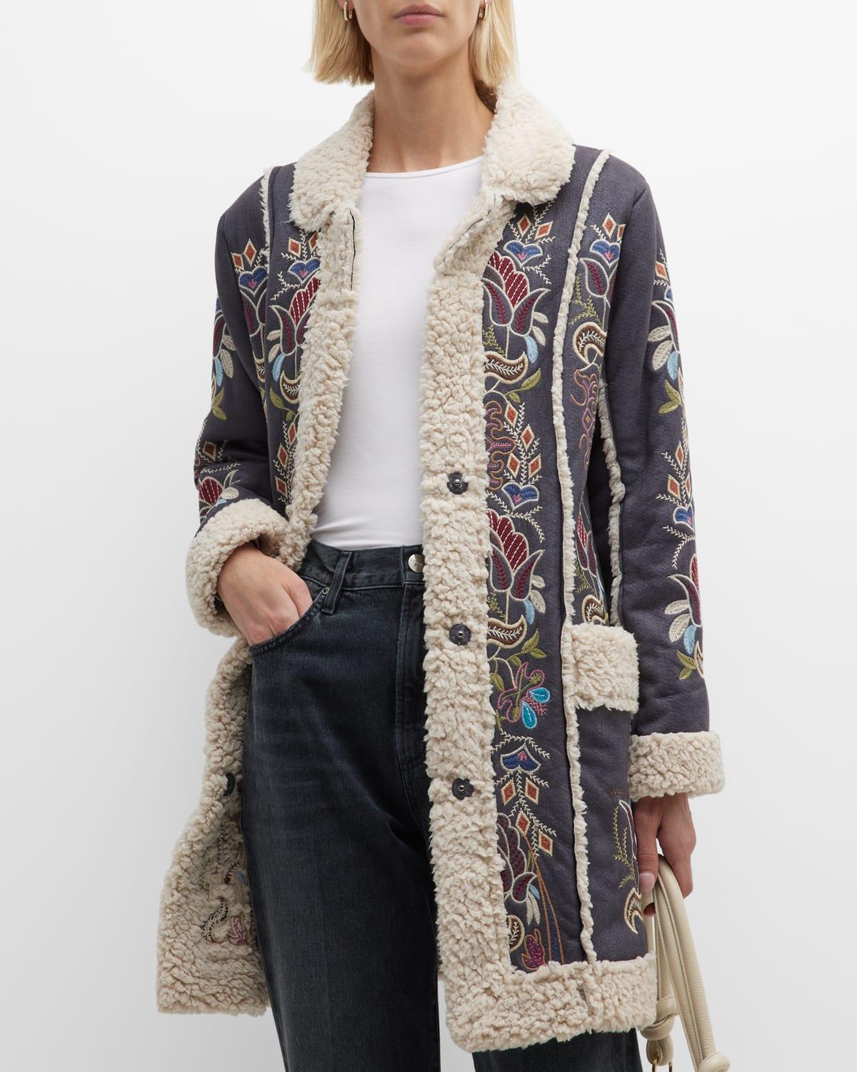 Johnny Was Veritas Embroidered Suede Coat in Gray Lyst