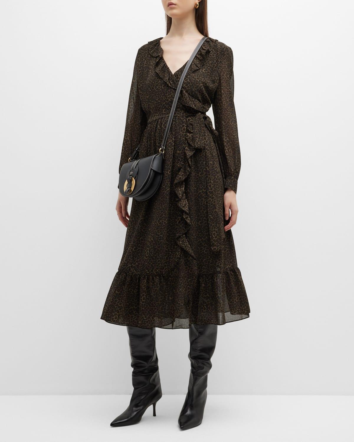 MICHAEL Michael Kors Savannah Cheetah Ruffled Wrap Midi Dress in Black